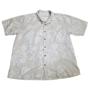 Tommy Bahama Shirt Mens Large L 100% Silk Beige Floral Embroidered Camp Casual